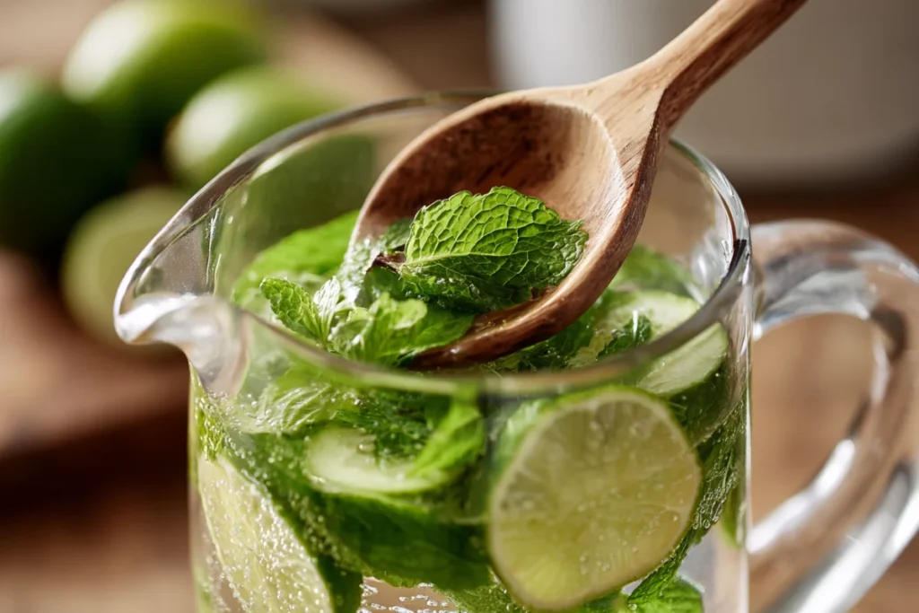 Stay Refreshed with Lemon Cucumber Mint Detox Water Benefits 17 Wooden spoon gently pressing mint leaves in pitcher