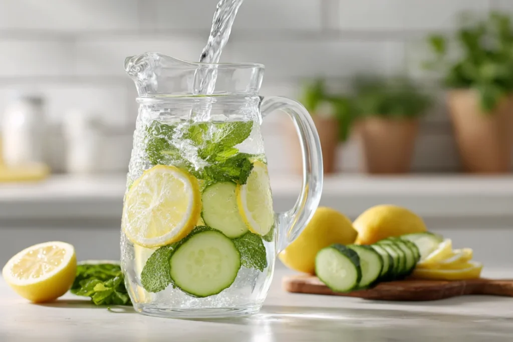 Stay Refreshed with Lemon Cucumber Mint Detox Water Benefits 18 Filtered water pouring into a glass pitcher of fresh fruit and herbs