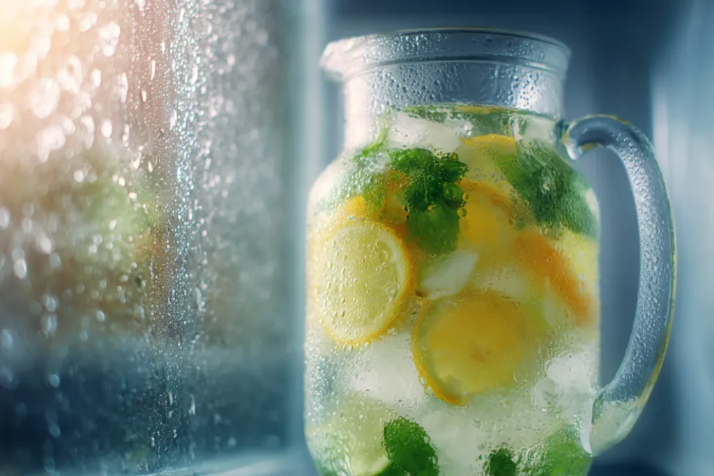 Stay Refreshed with Lemon Cucumber Mint Detox Water Benefits 19 Pitcher of detox water chilling in the fridge
