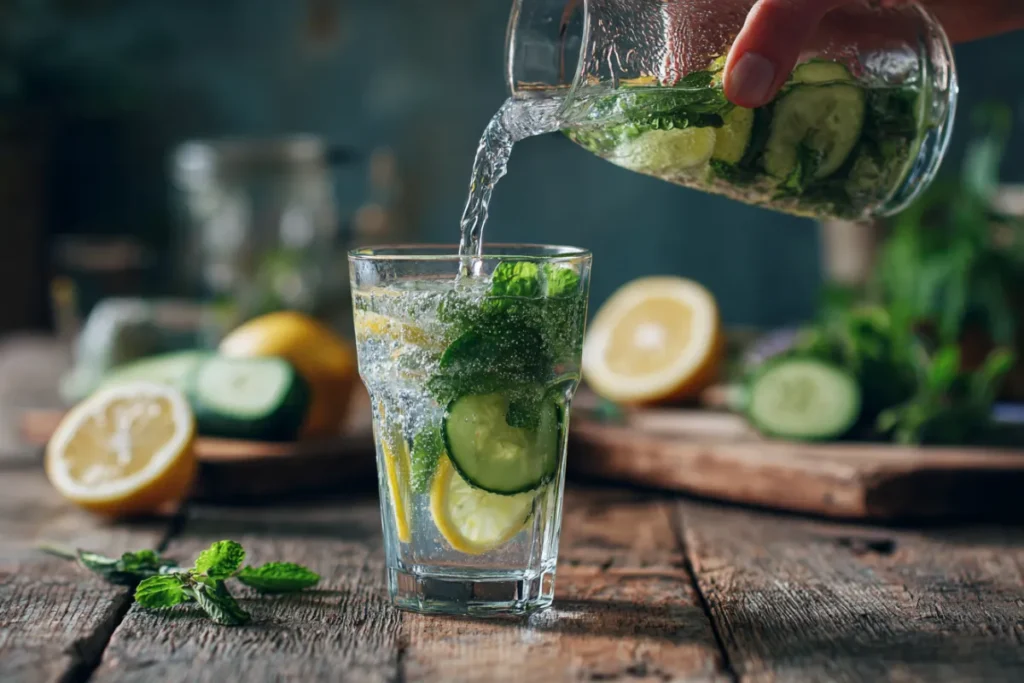 Stay Refreshed with Lemon Cucumber Mint Detox Water Benefits 20 Chilled cucumber lemon mint water being served into a glass with ice