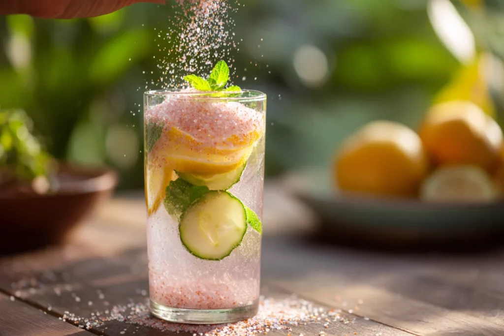 Stay Refreshed with Lemon Cucumber Mint Detox Water Benefits 21 Pink Himalayan salt sprinkled into detox water for added electrolytes