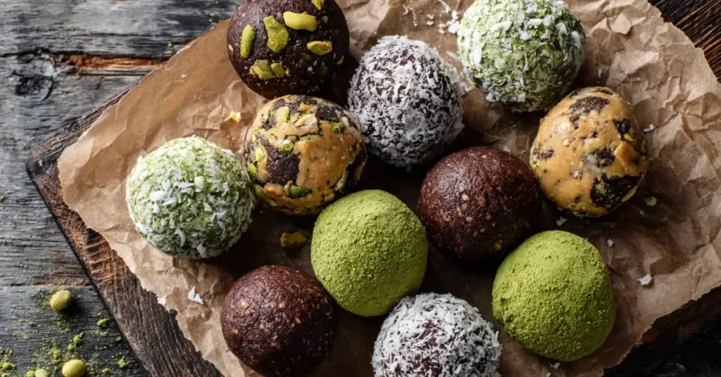 Assorted no bake protein balls in different flavors arranged on parchment paper.