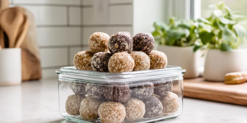 Protein balls stored in a glass container for meal prep.