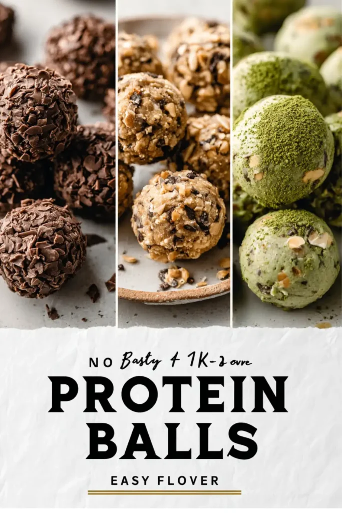 Pinterest collage showing 4 flavors of no bake protein balls.