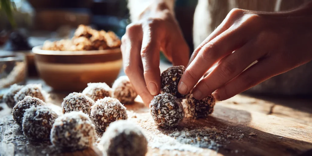 Ingredients for no bake protein balls being mixed in a bowl.