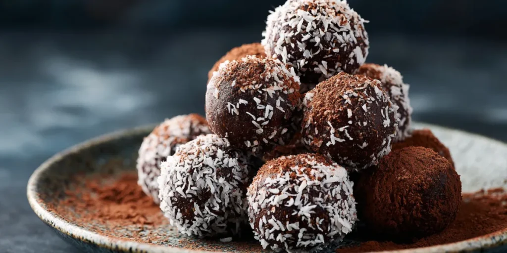 Hands rolling no bake protein balls on a wooden surface.