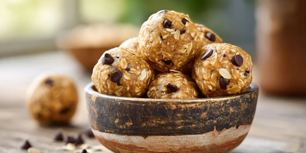 Peanut butter oatmeal protein balls with oats and chocolate chips.