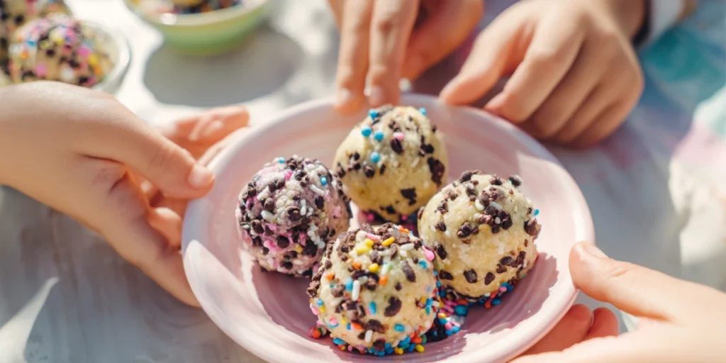 Kids reaching for fun and colorful protein balls.