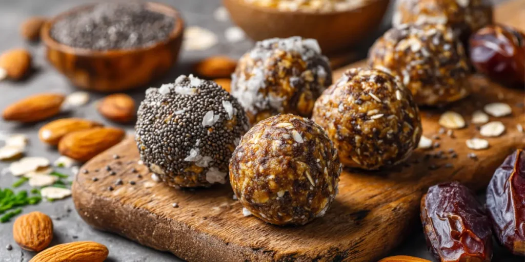 Vegan and gluten-free protein balls made with oats and chia seeds.