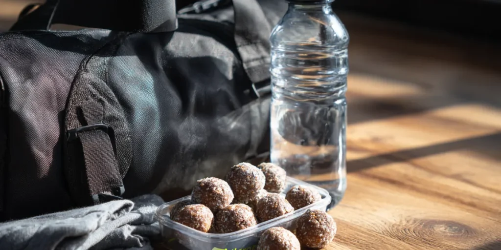 Protein balls in a container next to a gym bag and water bottle.