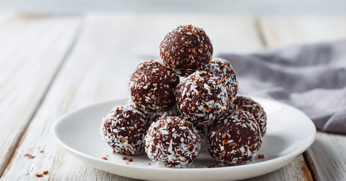 Healthy no-bake chocolate protein balls stacked on a plate with oats and cocoa.