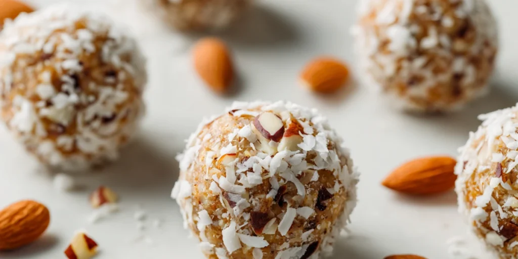 Almond joy inspired chocolate protein balls with coconut and almonds.