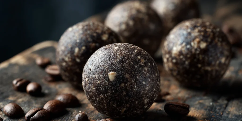 Chocolate espresso protein balls surrounded by coffee beans.