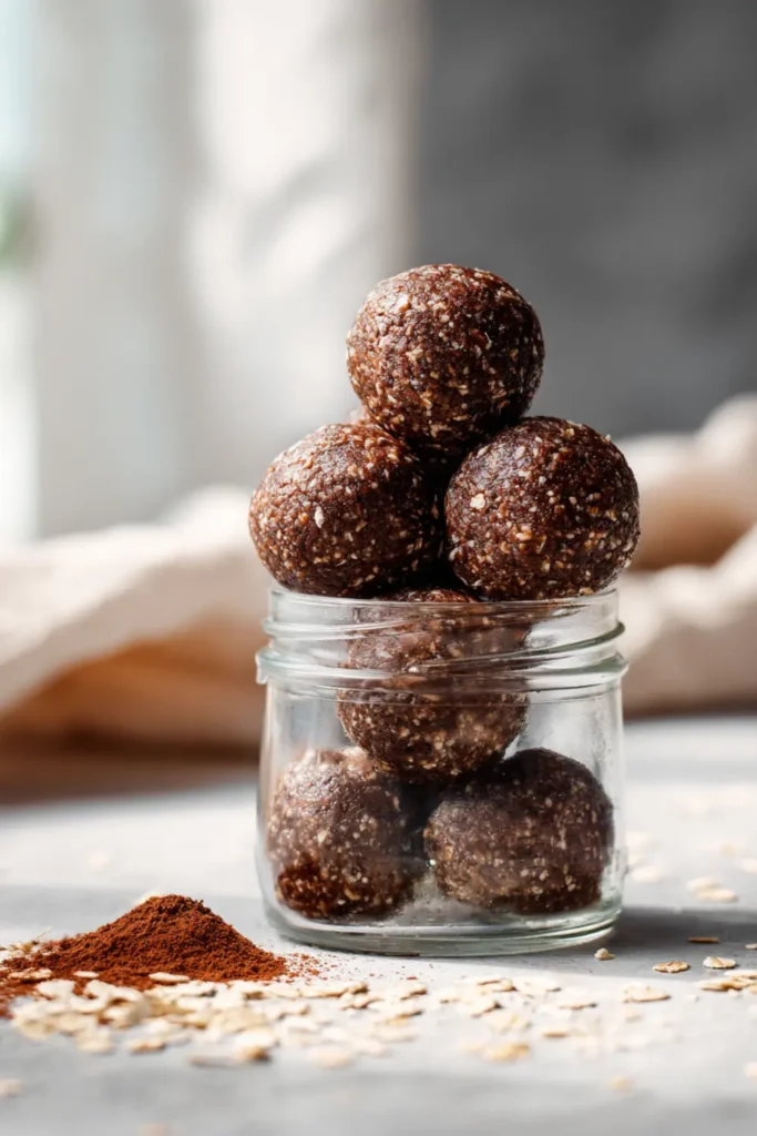 Pinterest pin image of chocolate protein balls with text overlay: Chocolate Protein Balls Recipe – Healthy No-Bake Snack.