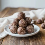 Tasty-style recipe card for chocolate protein balls with ingredients and final snack image.