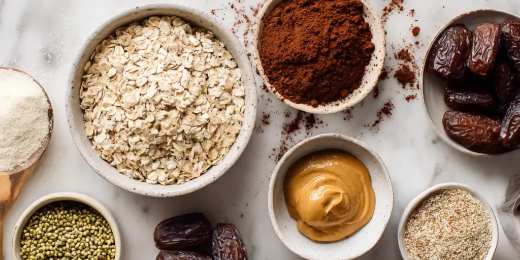Flat lay of oats, nut butter, cocoa, and protein powder for chocolate protein balls.