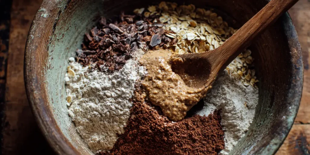 Mixing oats, nut butter, and cocoa powder to make chocolate protein balls.