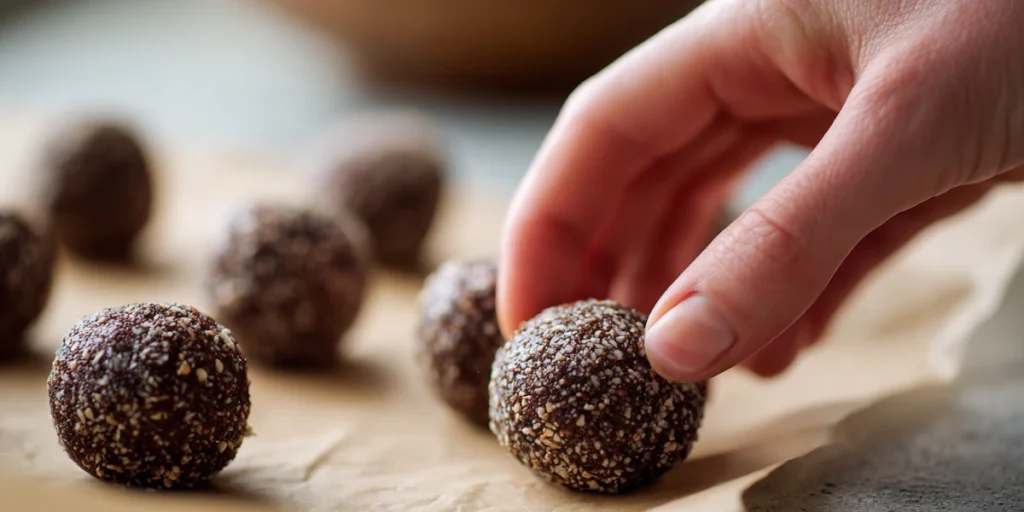 Hands rolling chocolate protein balls on parchment paper.