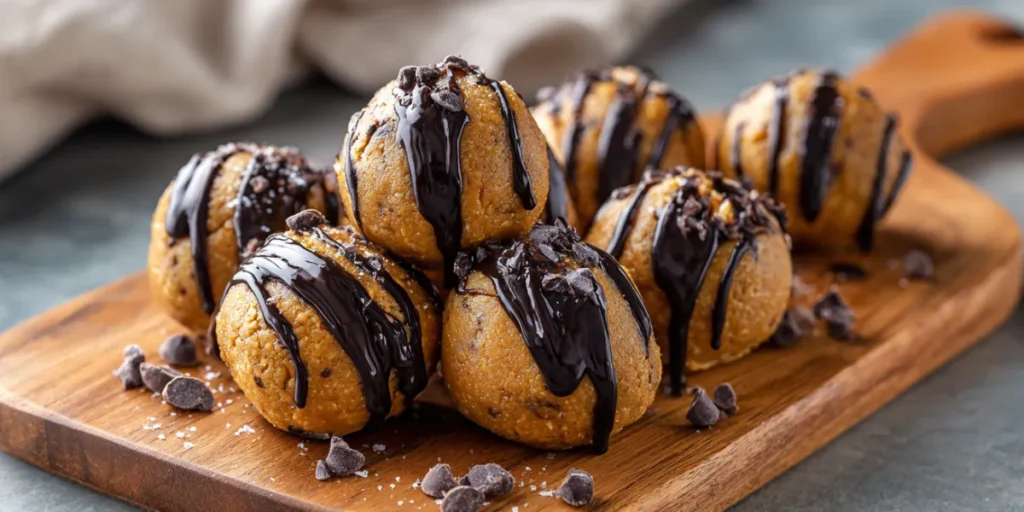Classic chocolate peanut butter protein balls drizzled with chocolate.