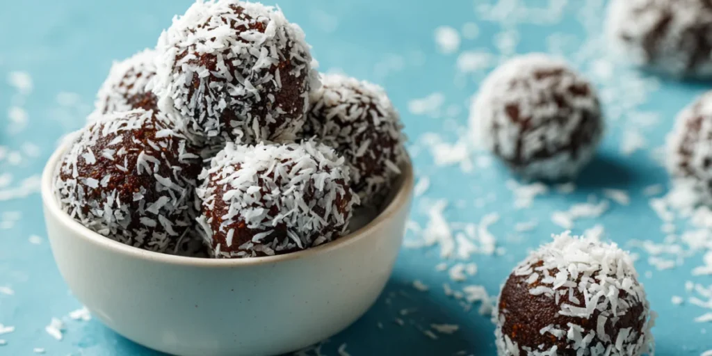 Vegan chocolate coconut protein balls coated in shredded coconut.