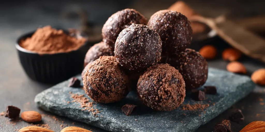 Keto-friendly dark chocolate protein balls on a slate plate.