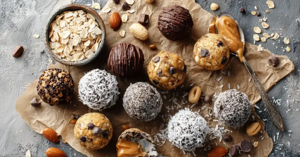 Bowl of assorted energy bites with oats, chia, and peanut butter