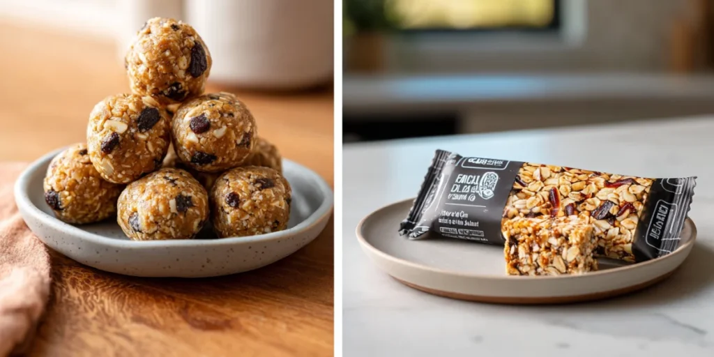 Ingredients for energy bites beside a plate of finished protein balls