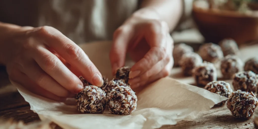 Hands rolling energy bite balls on parchment paper