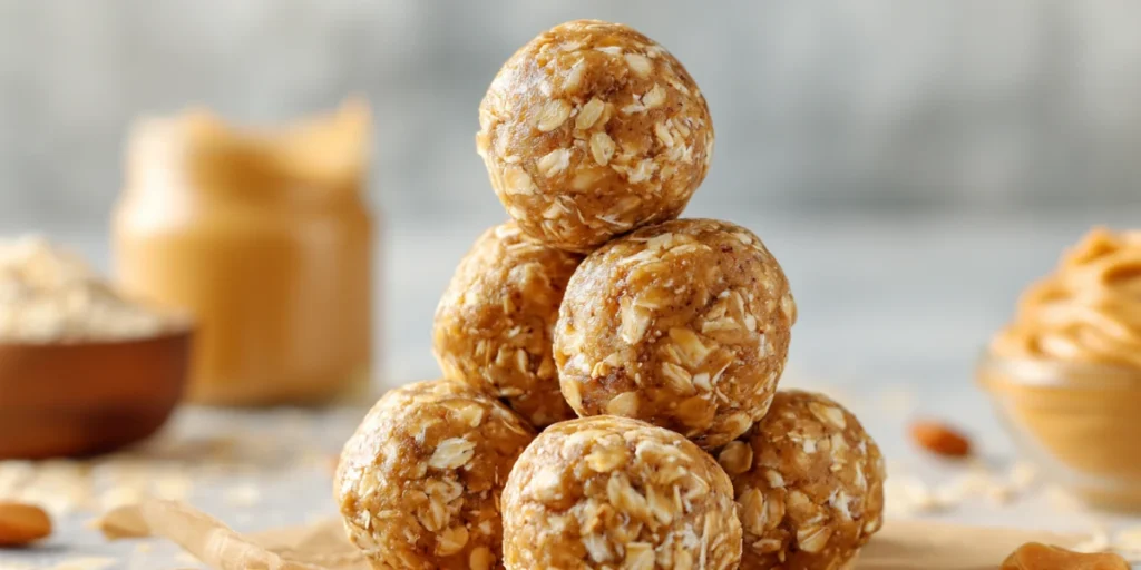 Stack of peanut butter oatmeal energy bites with oats around