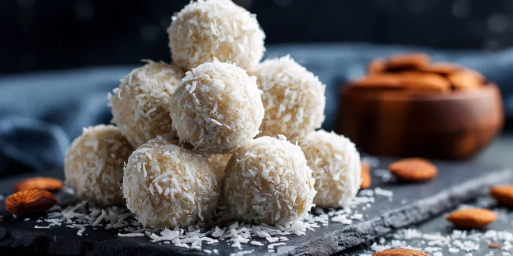 Coconut-covered keto energy bites on a tray