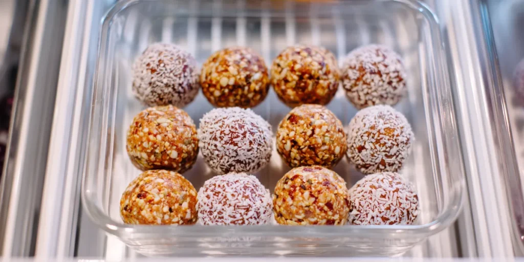 Energy bites stored in a glass container in fridge