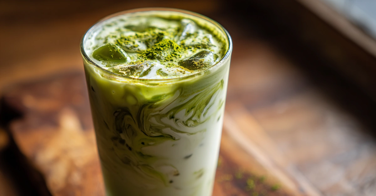 Iced matcha latte recipe in a tall glass with oat milk and ice