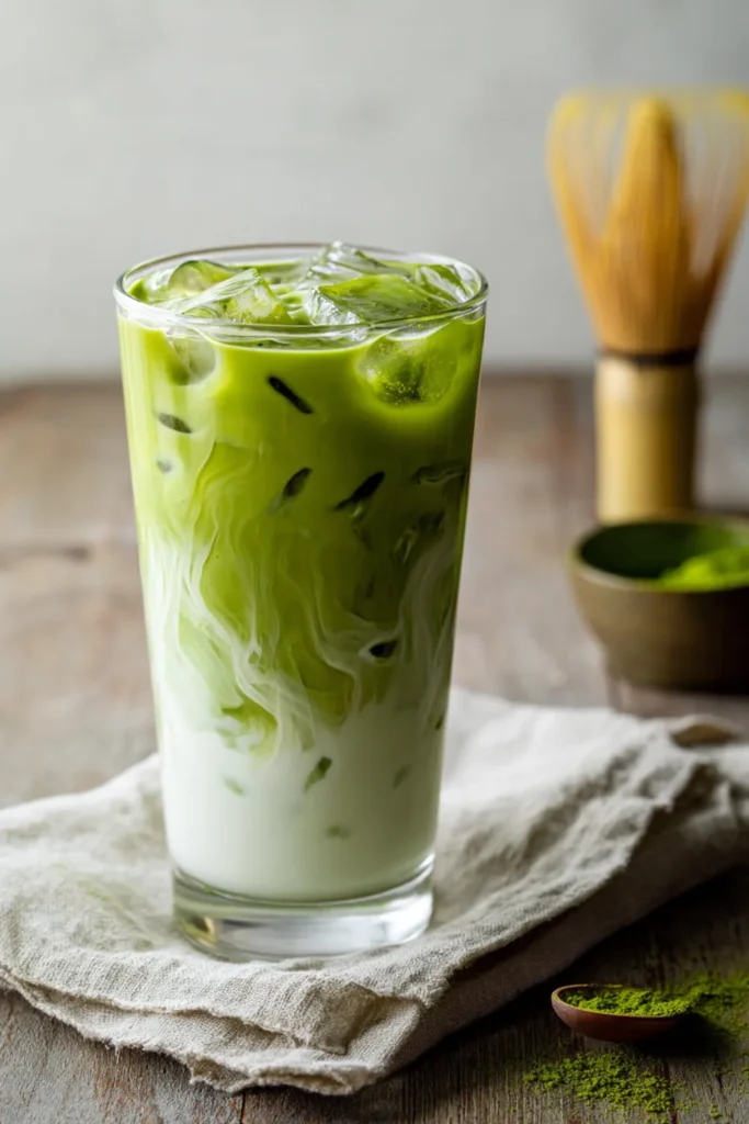 Make the Perfect Iced Matcha Latte Recipe at Home Today 22 Iced matcha latte in tall glass with oat milk, ice, and swirled green tea