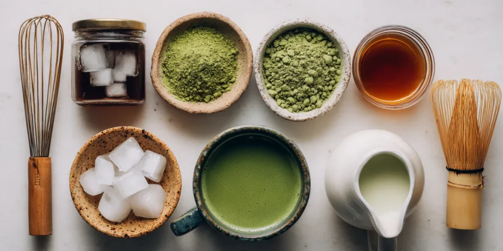 Make the Perfect Iced Matcha Latte Recipe at Home Today 15 Iced matcha latte ingredients laid out on white counter