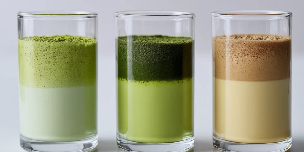 Make the Perfect Iced Matcha Latte Recipe at Home Today 18 Glasses showing different iced matcha latte ratios