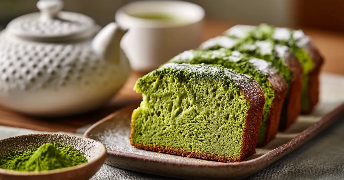 Fluffy matcha cake recipe slice on ceramic plate