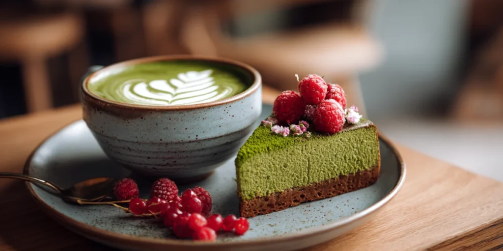 The Best Matcha Cake Recipe for a Fluffy & Easy Dessert 23 Slice of matcha cake served with matcha latte