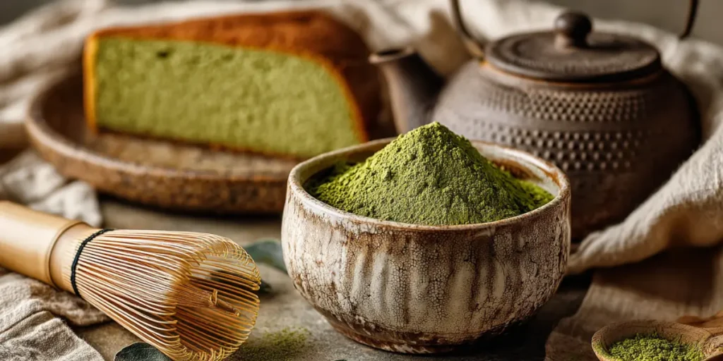 The Best Matcha Cake Recipe for a Fluffy & Easy Dessert 25 Matcha cake slice with matcha powder and tea whisk