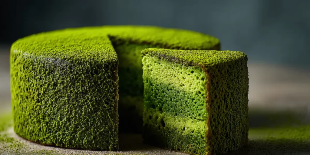 The Best Matcha Cake Recipe for a Fluffy & Easy Dessert 16 Whole matcha cake sliced to show bright green interior