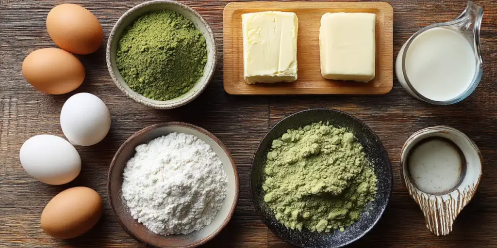 The Best Matcha Cake Recipe for a Fluffy & Easy Dessert 17 Matcha cake ingredients arranged on kitchen table