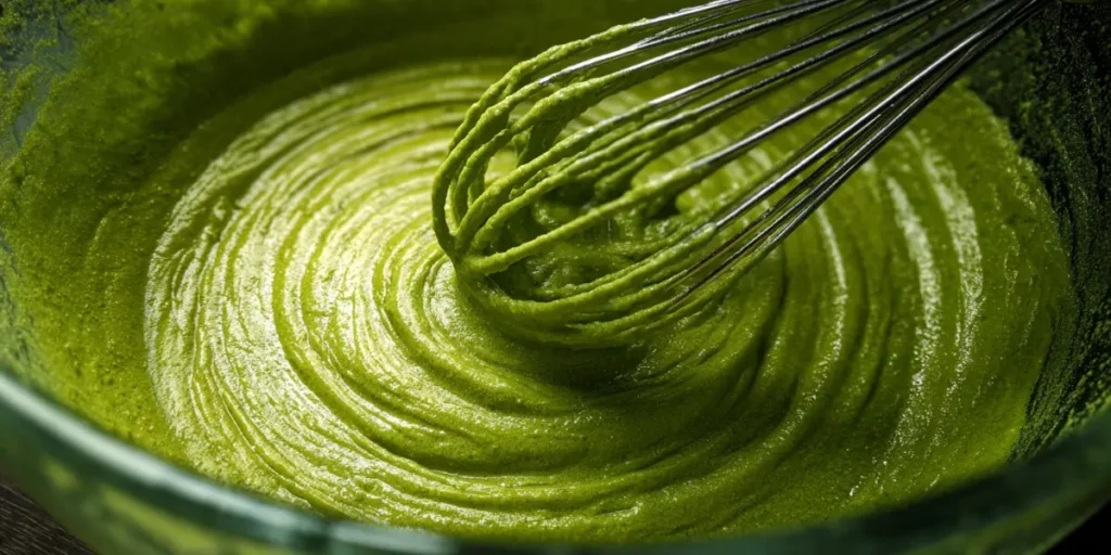 The Best Matcha Cake Recipe for a Fluffy & Easy Dessert 18 Whisking smooth matcha cake batter in bowl