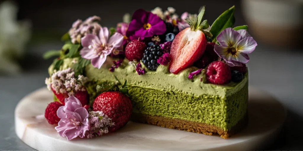 The Best Matcha Cake Recipe for a Fluffy & Easy Dessert 22 Frosted matcha cake decorated with berries and flowers