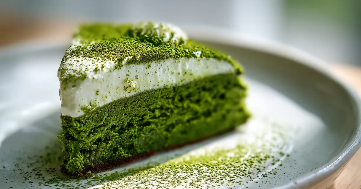 Slice of rich and moist matcha gateau on a white plate