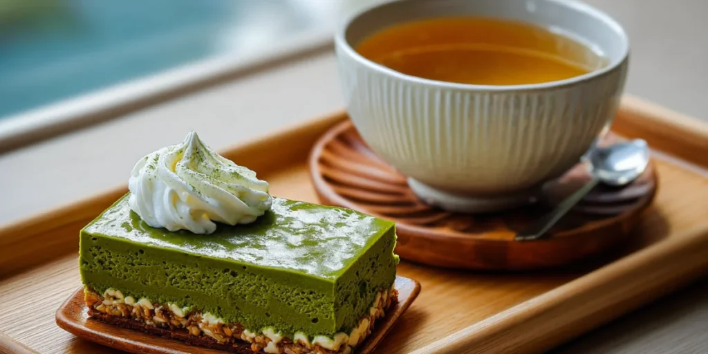 How to Bake Matcha Gateau Recipe Like a Pro at Home 23 Matcha gateau slice paired with jasmine tea