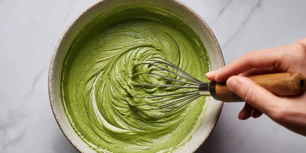 How to Bake Matcha Gateau Recipe Like a Pro at Home 17 Matcha gateau batter being whisked to a smooth texture