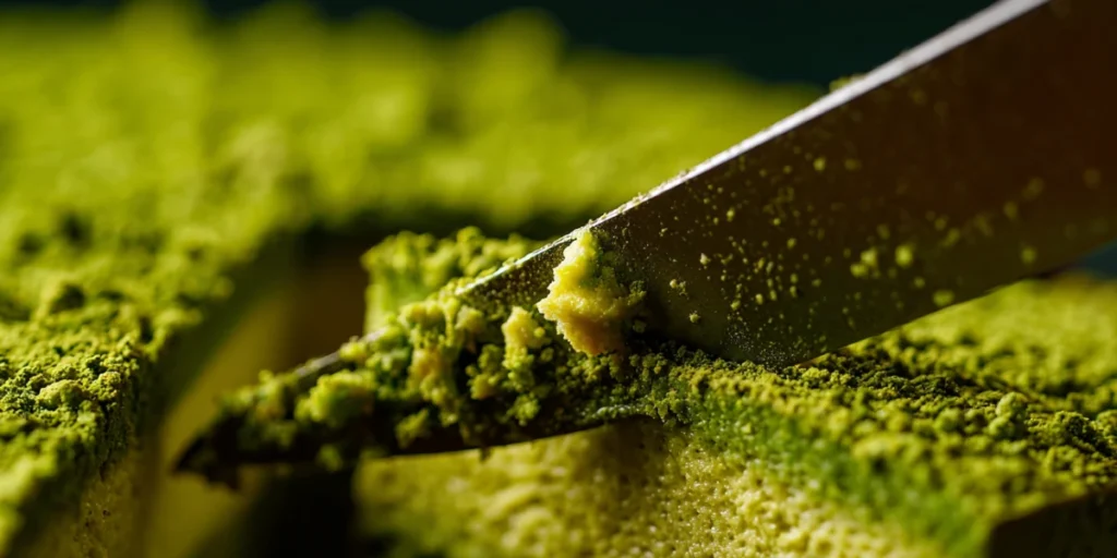 How to Bake Matcha Gateau Recipe Like a Pro at Home 20 Slicing through matcha gateau to reveal soft green interior