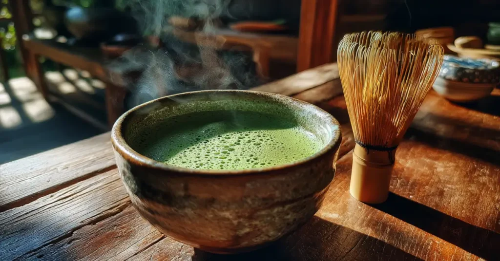 Matcha hot tea recipes in a cozy kitchen with bamboo whisk