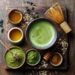 Step-by-step recipe card style photo for matcha hot tea
