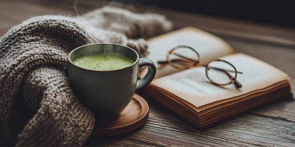 Boost Wellness with Matcha Hot Tea Recipes You’ll Love 16 Steaming matcha hot tea beside a book in cozy setting
