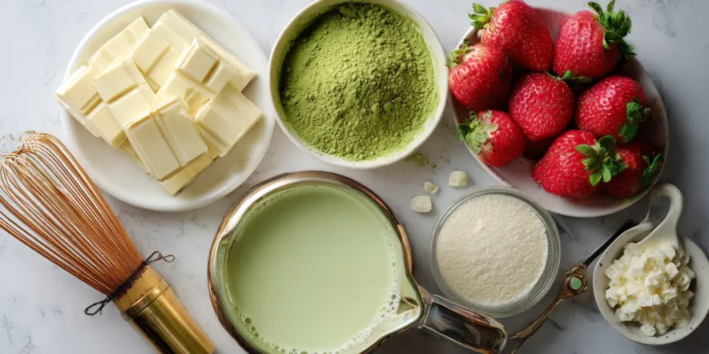 Matcha Recipes 7 Delicious Drinks & Desserts You Can Make at Home 11 Flat lay of matcha recipe ingredients